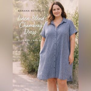 Banana Republic Linen Blend Chambray Shirt Dress Size 18 Blue Short Sleeve Plus